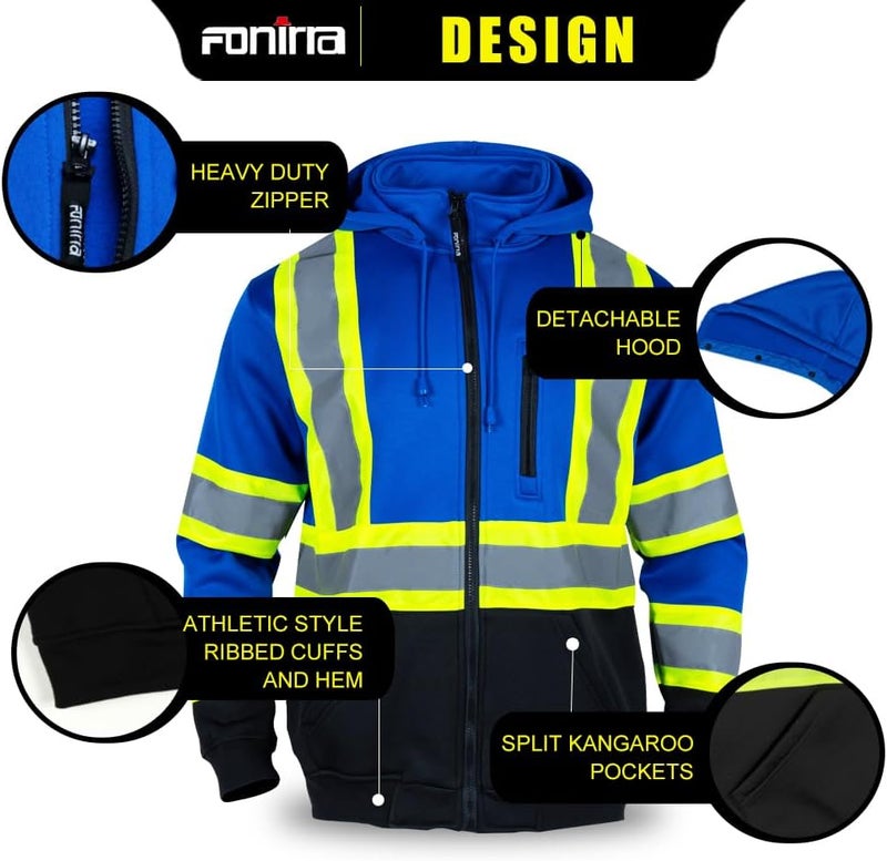 FONIRRA Hi Vis Safety Fleece Zip Hoodie for Men Reflective Sweatshirts ANSI Class 3 Jackets Detachable Hood (Blue,3XL) - Image 3